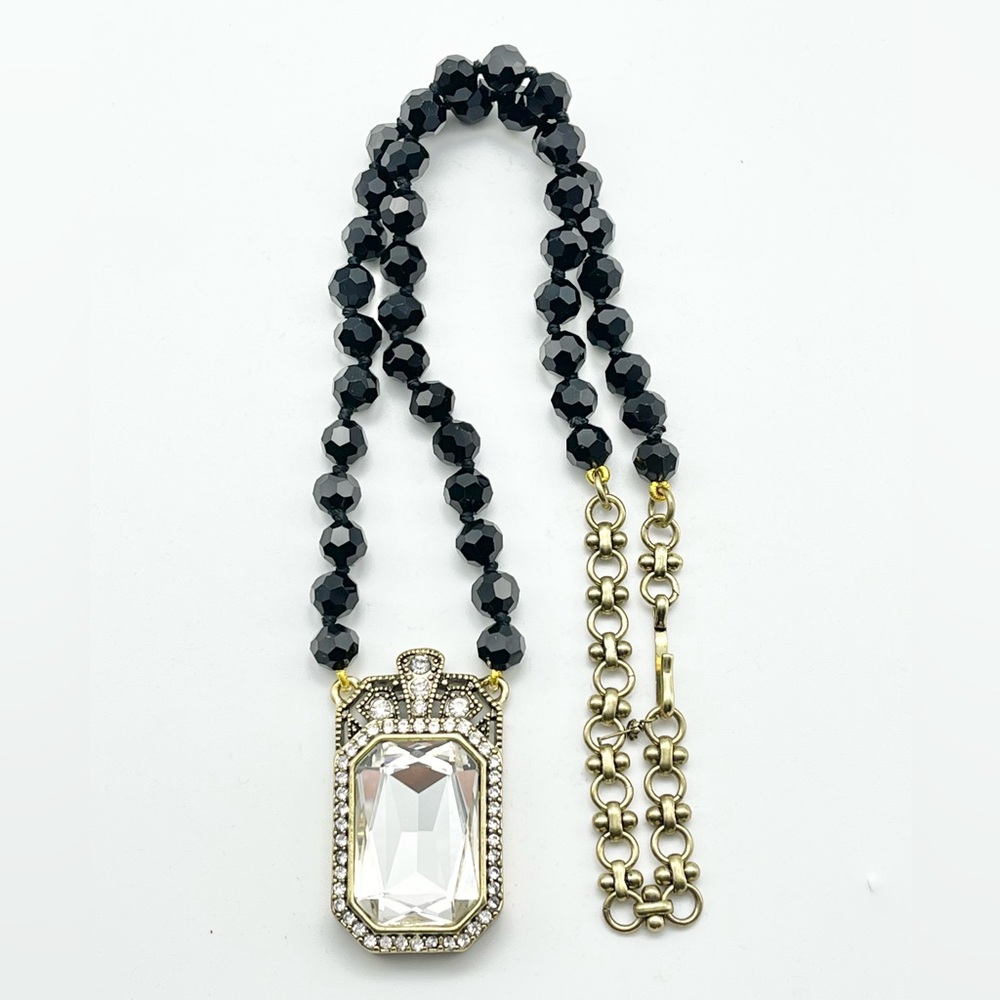 Heidi Daus Art Deco Pendant Necklace Black Beads Swarovski Crystals